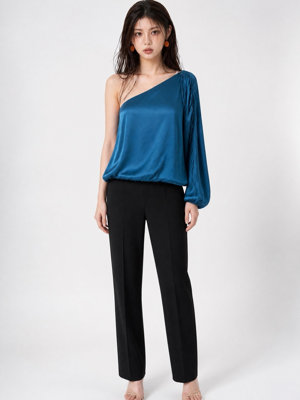 Moda International Teal One-Shoulder Silk Blouse